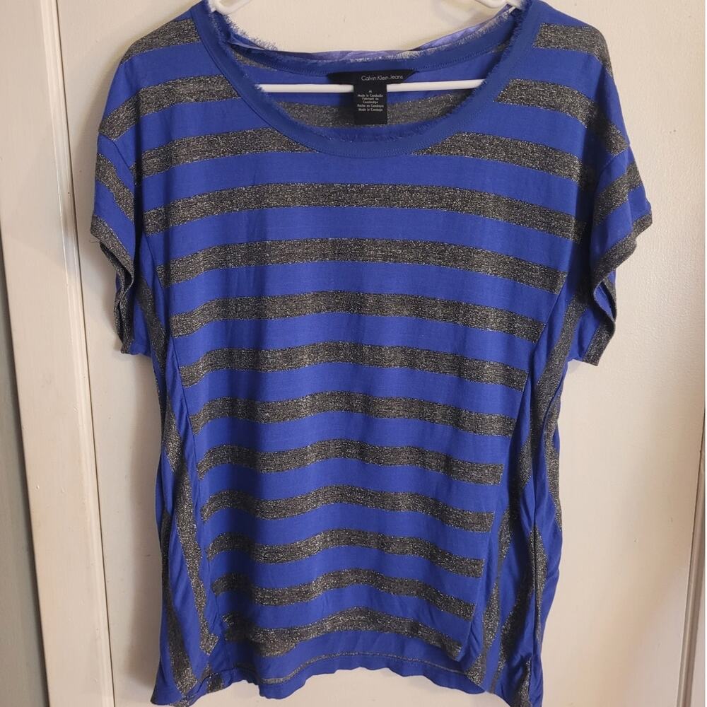 Calvin Klein Jeans Metallic Stripe Fringe Collar Tee Fairycore Y2K Top Medium